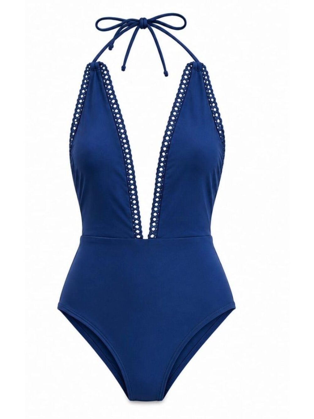 Aerie One Piece Swimsuit Small Blue Plunge Halter Crochet Trim - Picture 1 of 8